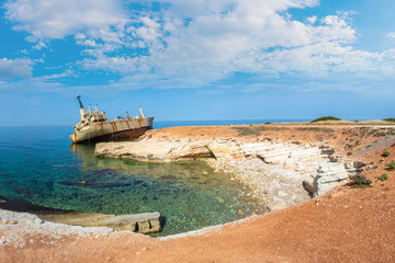 Canvas Print - Cyprus beach. An abandoned ship off the coast of Cyprus. Shipwre