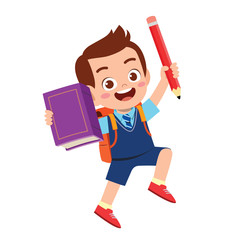 Wall Mural - happy cute student kid boy with book and pencil