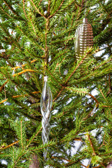 Canvas Print - glass cone and icicle on natural christmas tree close-up indoor