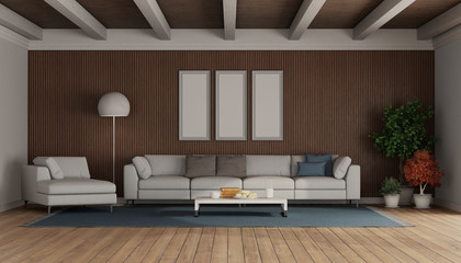 Wall Mural - Living room with modern sofa and chaise lounge on wooden paneling