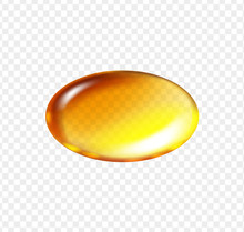Gold Fish Oil Oval Pill. Vitamin E, A Or Omega 3 Oil Cosmetic Capsule. Golden Jelly Fish Oil Tablet. Vector Realistic
