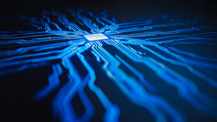 digitalization concept: computer screen activates and shows futuristic artificial intelligence sprea