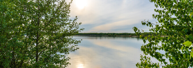 Wall Mural - Romantic sunset at the Cospudener Lake in Leipzig