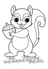  Squirrel with Acorn - Charming Black & White Outline Illustration