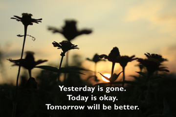 Inspirational quote - Yesterday is gone. Today is okay. Tomorrow will be better. On beautiful colorful sunset light behind the flower plants background. Hope motivational words with nature concept. 
