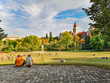 People sitting and playing in Wroclaw Tolpa Park at sunny day