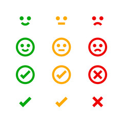 icon emotions face, emotional symbol and approval check sign button, emotions faces and checkmark x or confirm and deny, button checkbox flat for apps, faces icons and checkmark choice for checklist