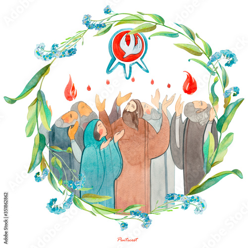Fotomural Watercolor illustration Descent of the Holy Spirit on the Apostles, Holy Trinity Day, Pentecost, whitsunday