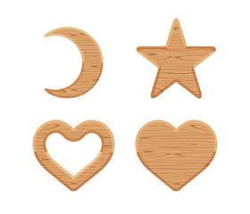 Wall Mural - wooden crescent moon, star wood cute, heart shaped wood, wooden heart frame shape brown retro, different shapes wooden cut out for vintage decoration, wood plank star and crescent moon and heart