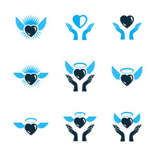 Guardian Angel Vector Conceptual Emblems Collection, Graphic Illustrations For Use In Religious Organizations
