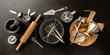 Kitchen utensils (cooking tools) on black chalkboard background