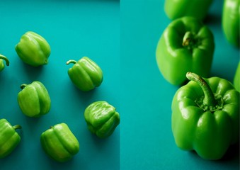 Bulgarian peppers are green on a green background. Fresh and crunchy. Vegetarian food.