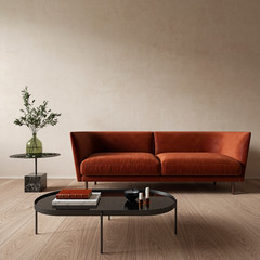 Modern minimalist beige interior with orange sofa and coffee table. 3d render illustration mock up.