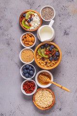 Wall Mural - Healthy breakfast ingredients, top view.