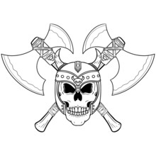 Monochrome Evil Skull With Viking Helmet And Two Crossed Battle Axes. Tattoo Lye In Black White, Isolated.