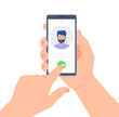 © Ansty art - A ringing phone with an avatar on the screen in hands. The finger presses the call button on the smartphone. Vector illustration in flat style on the topic of communication.