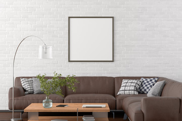 Sticker - Blank square poster frame on white brick wall in interior of living room with clipping path around poster. 3d illustration