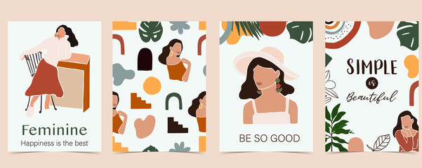 Wall Mural - Collection of woman background set with color.Editable vector illustration for website, invitation,postcard and sticker