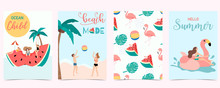 Collection Of Summer Background Set With People,watermelon,beach,coconut Tree.Editable Vector Illustration For Invitation,postcard And Website Banner.Hello Summer