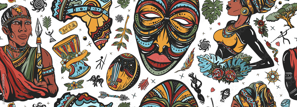 Africa seamless pattern. African woman in traditional turban, maasai warrior,  tribal mask, kalimba, map, drum. Ethnic afro girl and black tribe man. Tradition and culture background. Tattoo art - obrazy, fototapety, plakaty 