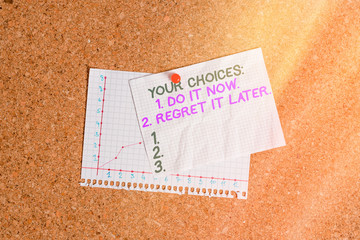 Poster - Conceptual hand writing showing Your Choices 1 Do It Now 2 Regret It Later. Concept meaning Think first before deciding Corkboard size paper thumbtack sheet billboard notice board