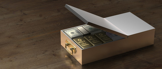 Safe bank deposit drawer with money banknotes and gold bars on wood. 3d illustration