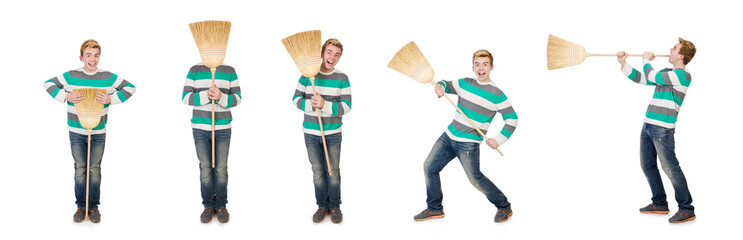 Funny man with mop isolated on white