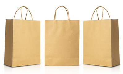 Recycled brown paper shopping bags isolated on white background with clipping path.