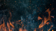 Fire Flames With Sparks On A Black Background, Close-up