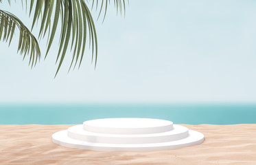 Leinwandbilder - Natural summer beach backdrop with white cylinder box and palm tree for product display. 3d summer scene. sea view.