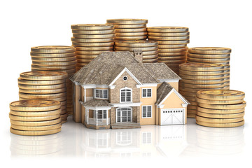 Saving money for buy a house for family. Real estate investments and mortgage concept. House and stack of coins.