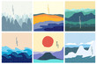 Vector illustration landscape. Japanese wave pattern. Mountain background. Asian style. Sea backdrop. Design for social media wallpaper, blog post template. Old paper with scratches, Colorful backdrop