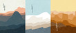 Vector illustration landscape. Wood surface texture. Desert sunset. Himalayas. Mountain. Japanese wave pattern. Mountain background. Asian style. Design for poster, book cover, web template, brochure.