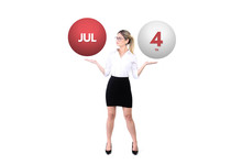July 4th Calendar Background. Independence Day. Day 4 Of Jul Month. Business Woman Holding 3d Spheres. Modern Concept.