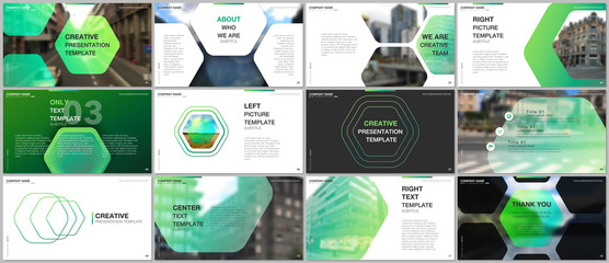 Wall Mural - Minimal presentations design, portfolio vector templates with hexagonal design green color pattern background. Multipurpose template for presentation slide, flyer leaflet, brochure cover, report.