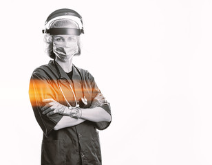 Wall Mural - female doctor in a medical mask on face and gloves on a white background