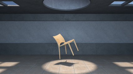 Wall Mural - 3d render.  Empty dark room with top sunlight and ceramic floor.Wooden chair soars in center.