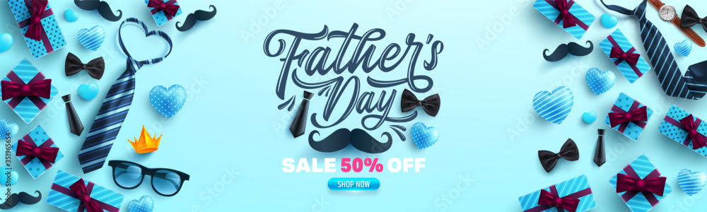 Father's Day Sale poster or banner template with necktie and gift box on blue background.Greetings and presents for Father's Day in flat lay styling.Promotion and shopping template for love dad - obrazy, fototapety, plakaty 