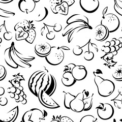 Wall Mural - Vector seamless black and white pattern with various fruit. Line art illustration.