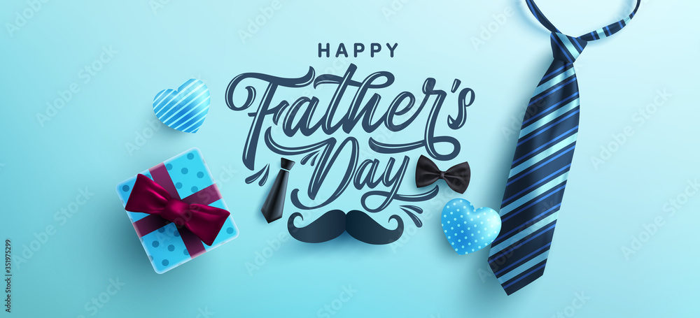 Father's Day poster or banner template with necktie and gift box on blue background.Greetings and presents for Father's Day in flat lay styling.Promotion and shopping template for love dad - obrazy, fototapety, plakaty 