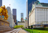 NEW YORK CITY - Apr 17: Grand Army Plaza in New York on April 17; 2020. Grand Army Plaza lies at the intersection of Central Park South and Fifth Avenue in front of the Plaza Hotel in Manhattan.