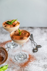 Wall Mural - Close up of a traditional Italian sweet tiramisu cake dessert with mint and blueberry berries in glass on grey. Vertical photo