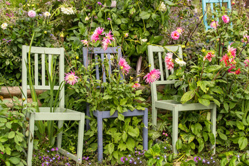 colourful chairs used in a beautiful floral arrangement, landscape view