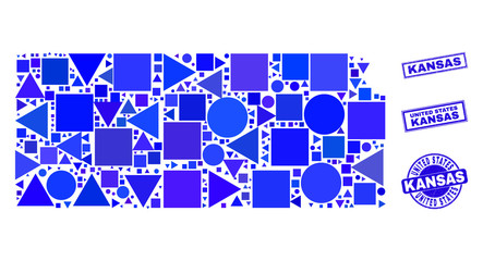 Vector mosaic Kansas State map. Geographic plan in blue color shades, and unclean round and rectangle stamps. Abstract concept of Kansas State map composed of round, triangles, square geometric items.