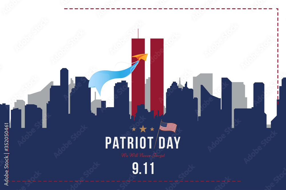 Patriot Day september 11. 2001 We will never forget. Font inscription with USA flag and city silhouette on a background. Banner to the day of memory of the American people. Flat element EPS 10 - obrazy, fototapety, plakaty 