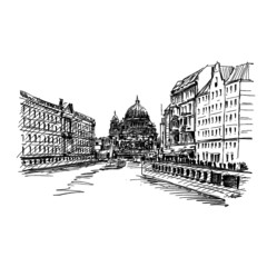 Drawing of Berlin church along river