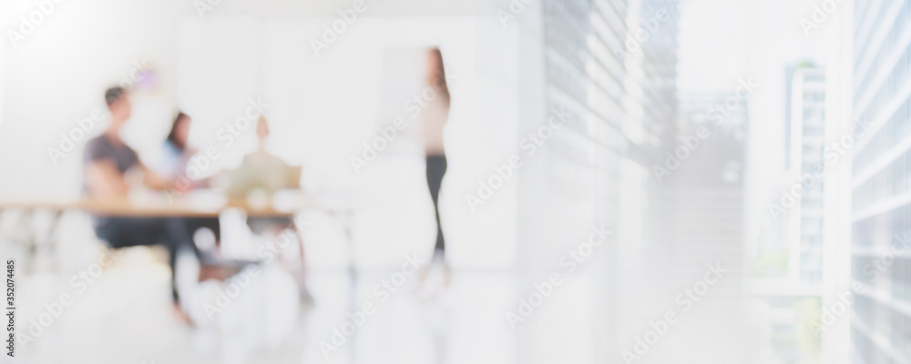 Abstract blurred interior modern office space with business people working banner background with copy space. - obrazy, fototapety, plakaty 