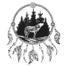 Vector Background With Dream Catcher, Howling Wolf And Forest. American Indian Symbol Hand Drawn Illustration