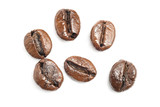 Fototapeta Mapy - Flat lay (Top view) group of roasted coffee beans isolated on white background.