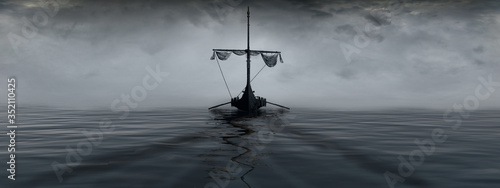 Fototapeta Vikings boat in a fog